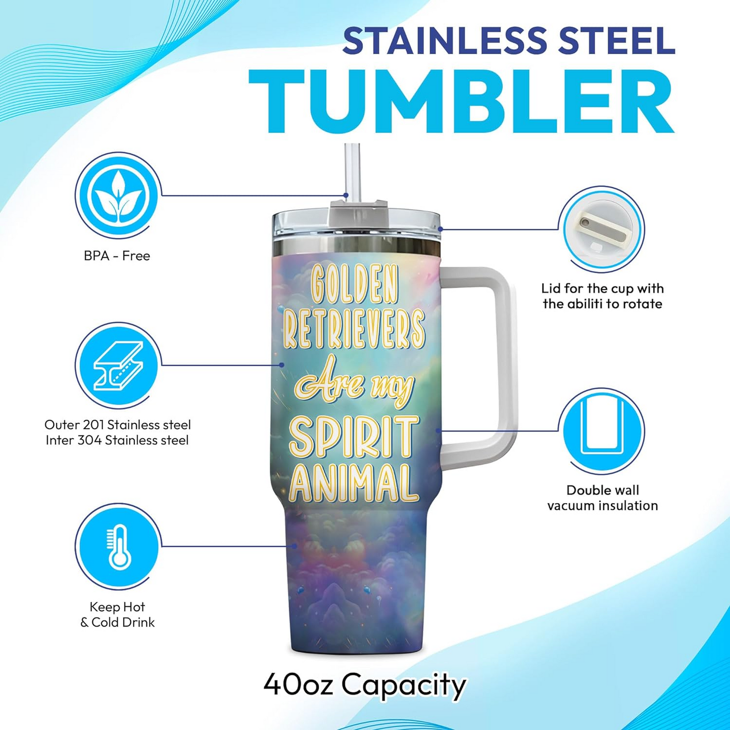 Golden Retriever Spirit Animal Tumbler 40oz – Personalized Stainless Steel Travel Cup with Handle & Straw – Perfect Gift for Dog Moms