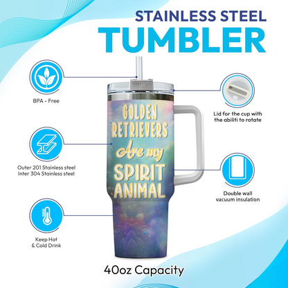 Golden Retriever Spirit Animal Tumbler 40oz – Personalized Stainless Steel Travel Cup with Handle & Straw – Perfect Gift for Dog Moms