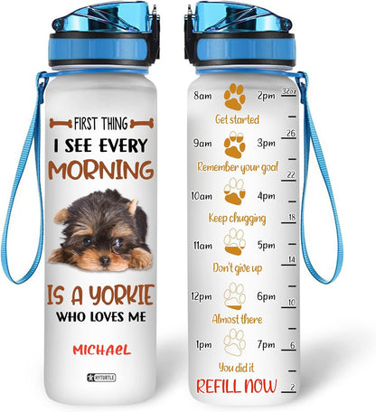 Yorkie Lover Water Bottle Tracker 32oz Personalized – Cute Dog Design Hydration Bottle with Time Marker – Fun Gift for Pet Owners