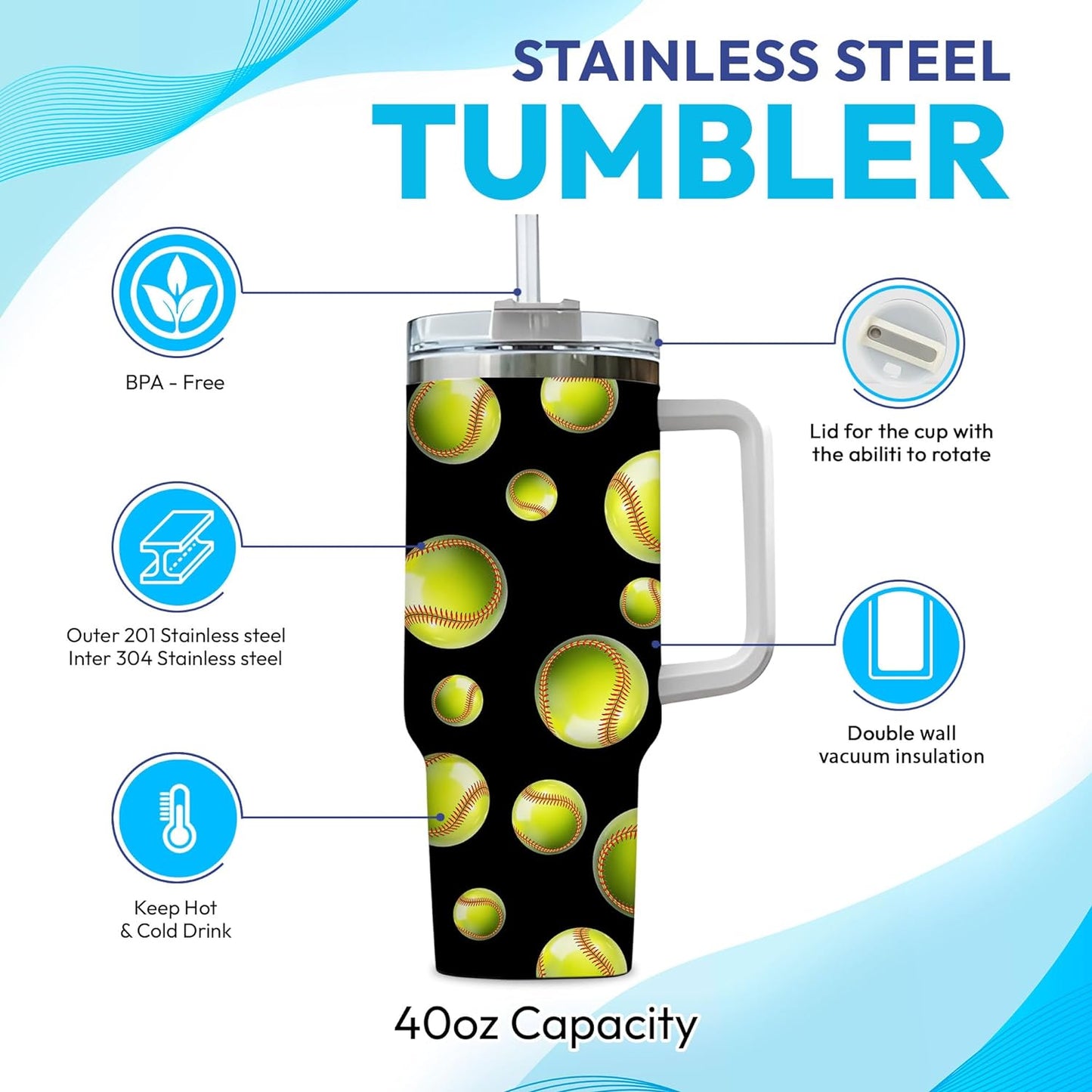 Softball Lover Tumbler 40oz with Handle & Straw – Personalized Stainless Steel Travel Cup with Lid – Unique Gift for Players & Coaches