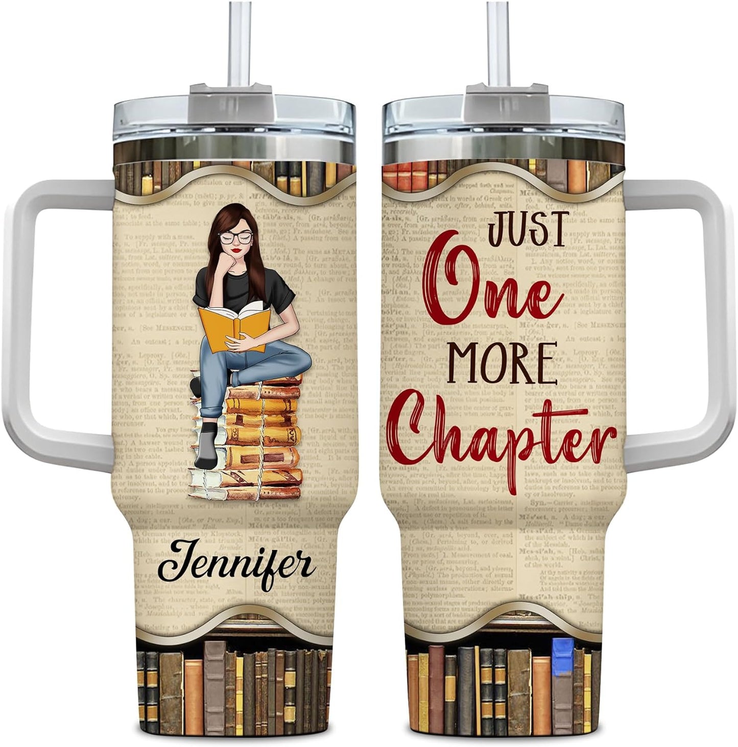 Book Lover Reading Tumbler 40oz with Handle & Straw – Personalized Stainless Steel Travel Cup with Lid – Unique Gift for Readers