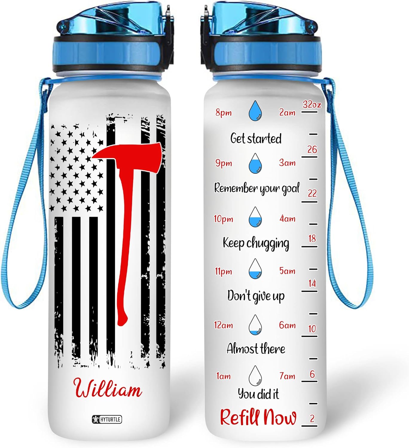 Firefighter USA Flag - Personalized Water Tracker Bottle 32oz