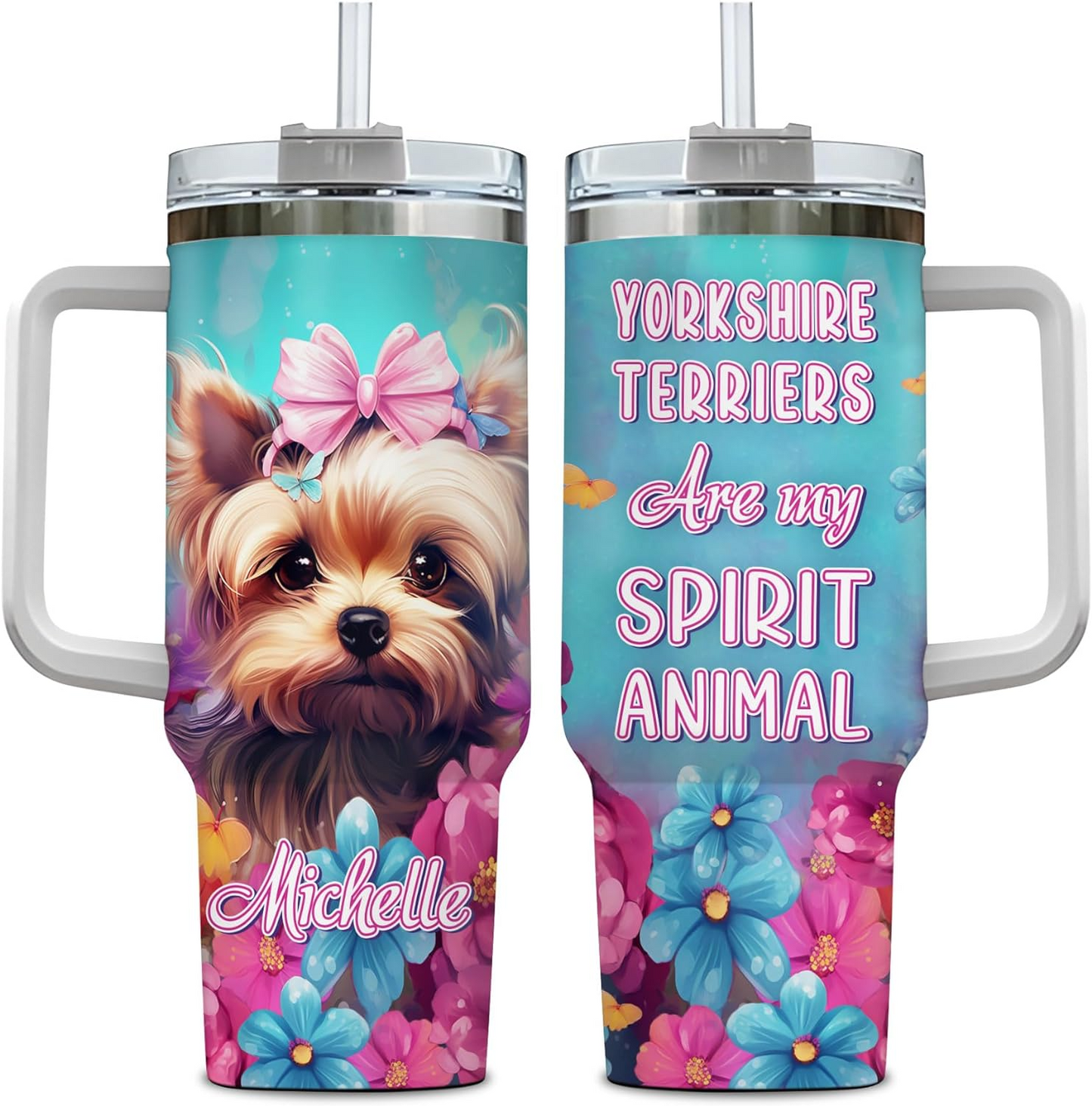 Yorkshire Terrier Lover Tumbler 40oz with Handle & Straw – Personalized Stainless Steel Cup with Lid – Unique Gift for Dog Lovers
