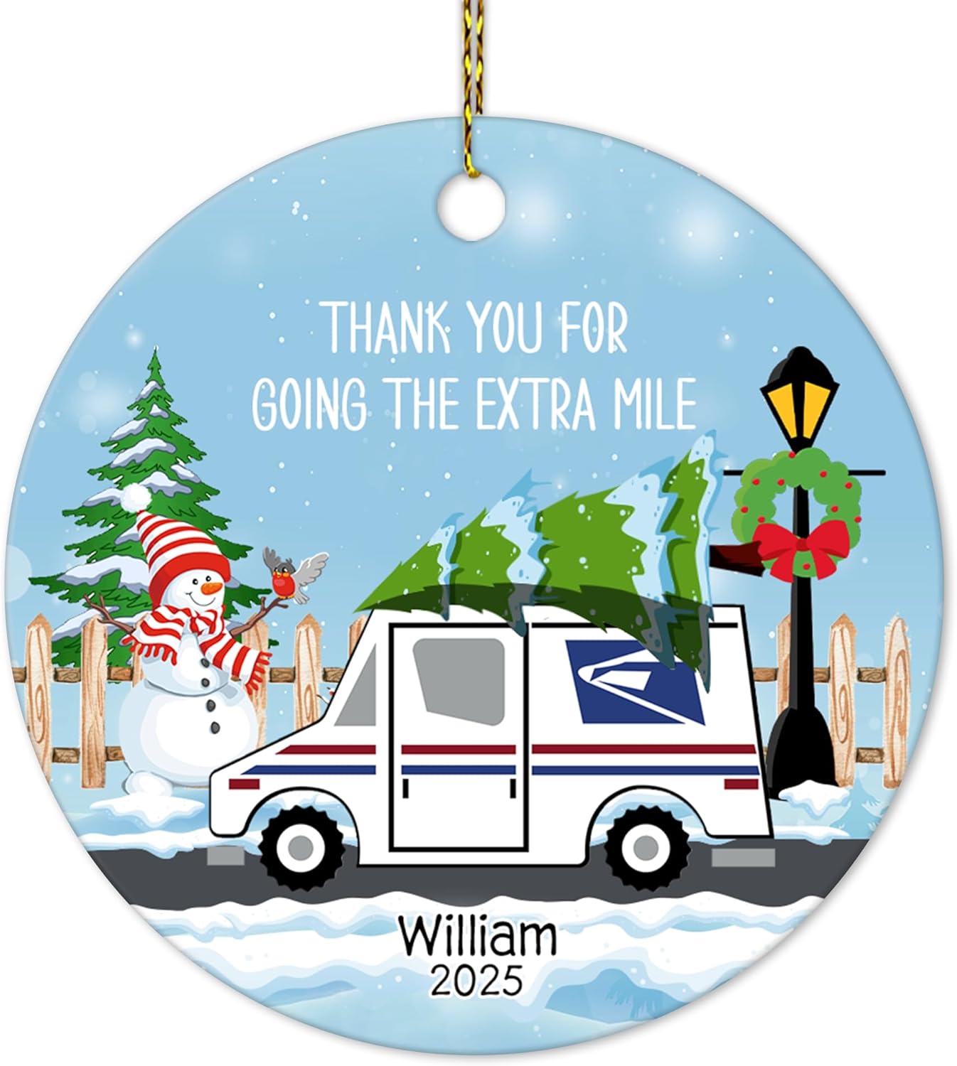 Mail Carrier Snowy Route Ceramic Circle Ornament – Personalized Christmas Thank-You Gift for Postal Worker, Delivery Driver or Mailman Appreciation