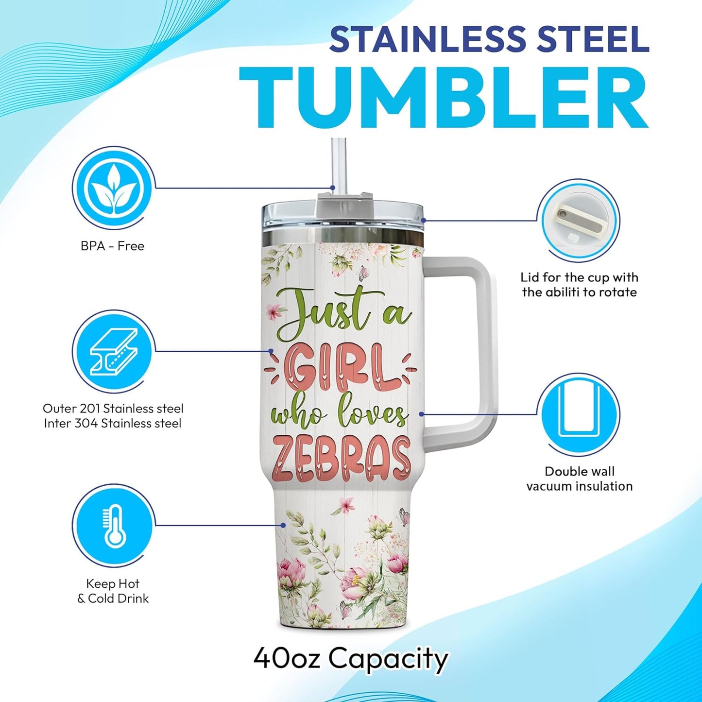 Zebra Floral Tumbler 40oz – Personalized Stainless Steel Insulated Cup with Handle & Straw – Creative Gift for Zebra Lovers