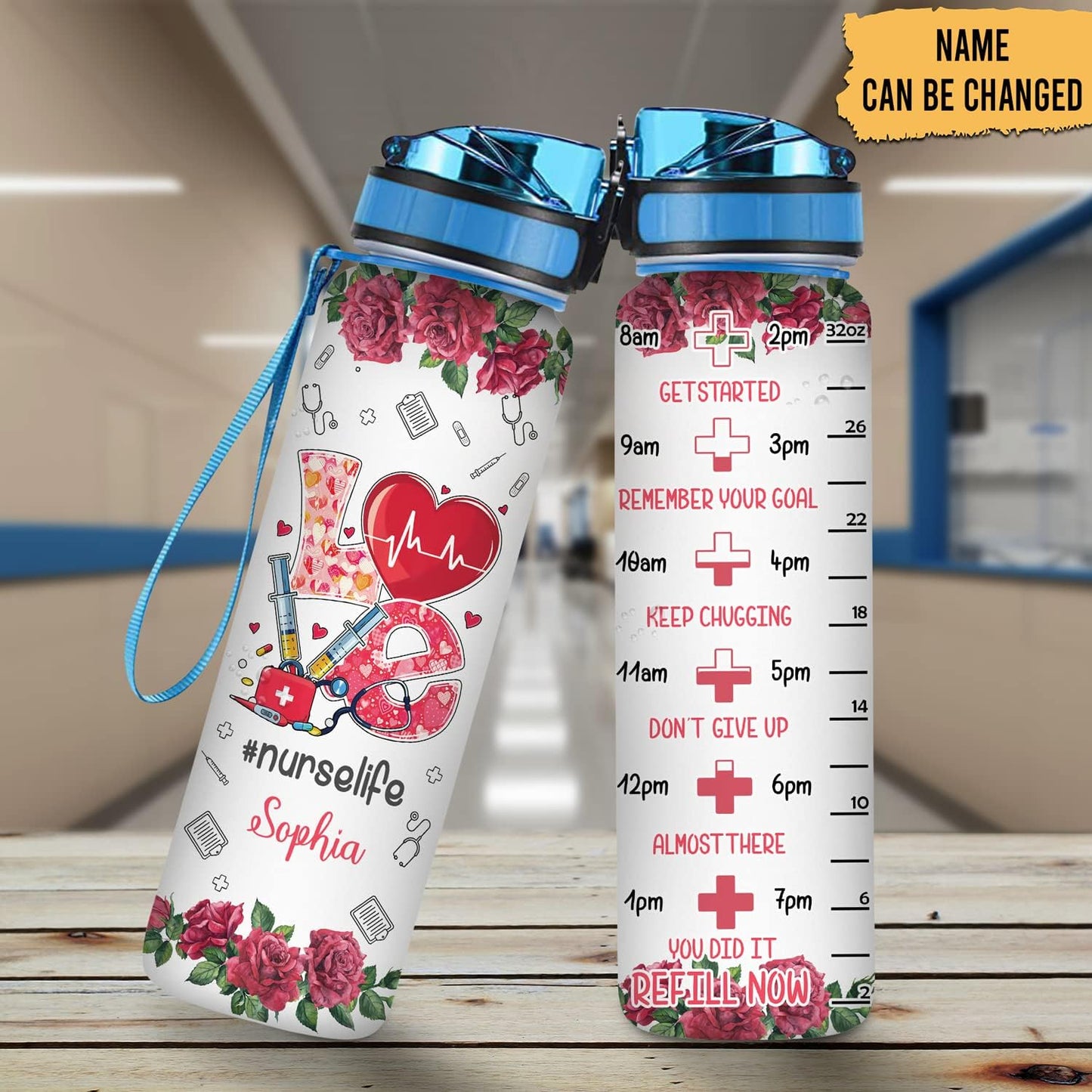 Nurse Life Water Bottle Tracker 32oz Personalized – Medical Theme Hydration Bottle with Time Marker – Inspirational Gift for Nurses