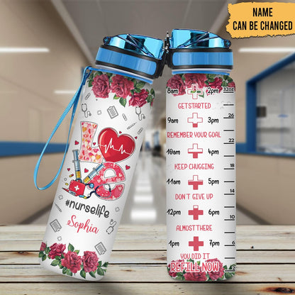 Nurse Life Water Bottle Tracker 32oz Personalized – Medical Theme Hydration Bottle with Time Marker – Inspirational Gift for Nurses