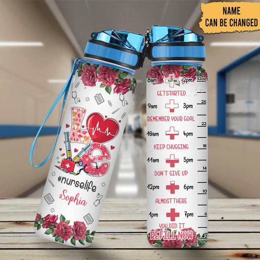 Nurse Life Water Bottle Tracker 32oz Personalized – Medical Theme Hydration Bottle with Time Marker – Inspirational Gift for Nurses