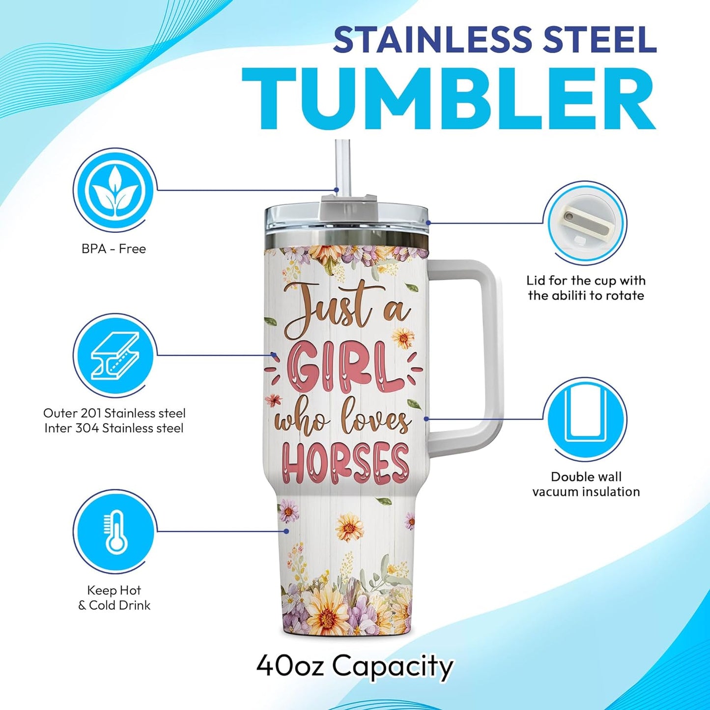 Horse Lover Tumbler 40oz with Handle & Straw – Personalized Stainless Steel Insulated Travel Cup with Lid – Stylish Gift for Equestrian Fans