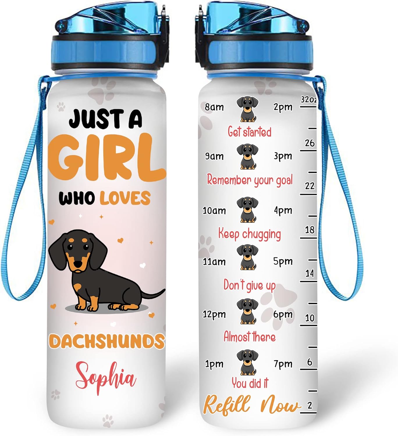 Just A Girl Who Loves Dachshunds Water Bottle Tracker 32oz – Personalized Motivational Hydration Bottle – Cute Gift for Dog Lovers