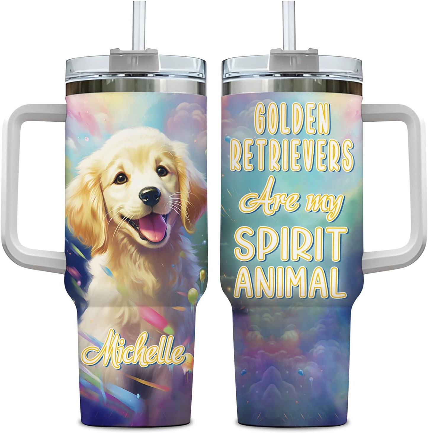 Golden Retriever Spirit Animal Tumbler 40oz – Personalized Stainless Steel Travel Cup with Handle & Straw – Perfect Gift for Dog Moms