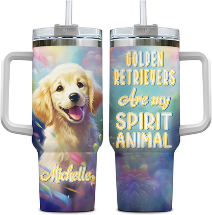 Golden Retriever Spirit Animal Tumbler 40oz – Personalized Stainless Steel Travel Cup with Handle & Straw – Perfect Gift for Dog Moms