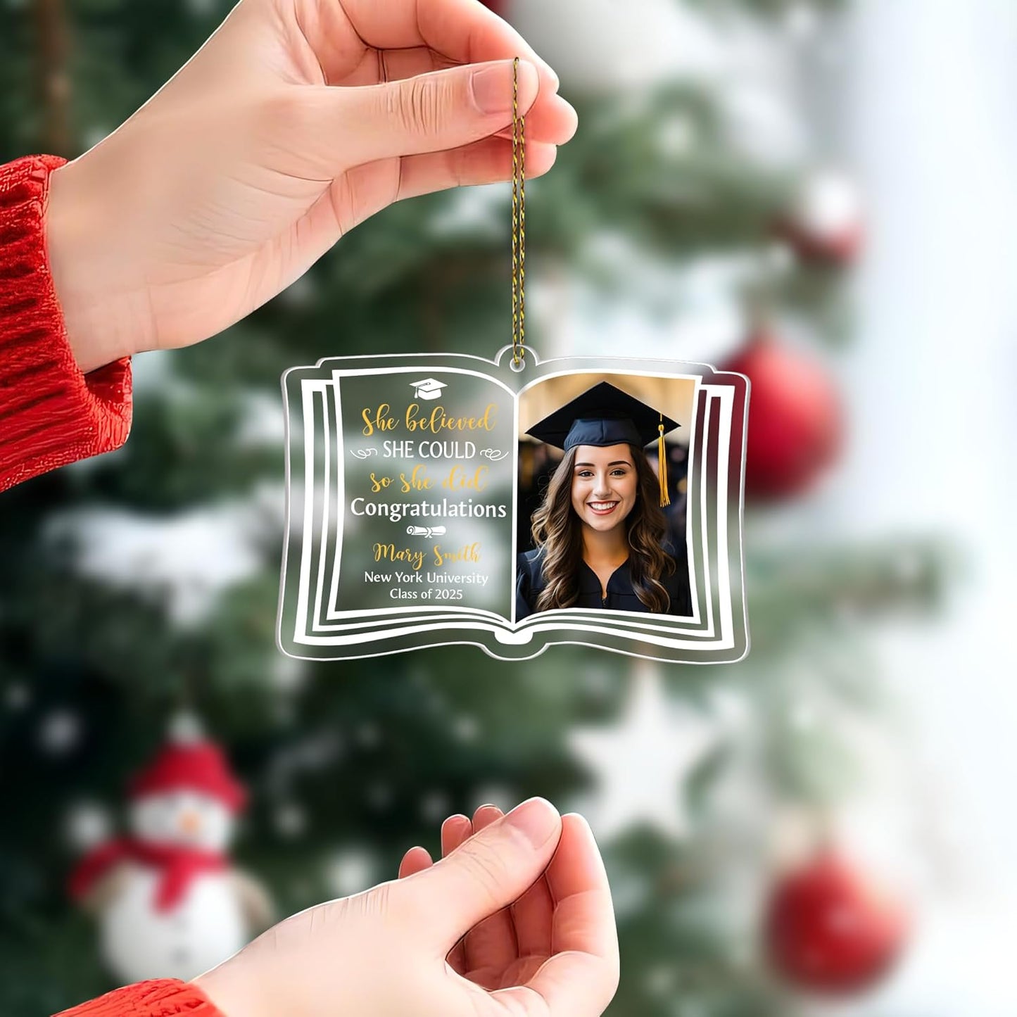 Open-Book Graduation Cut Acrylic Ornament – Personalized Photo Class of 2025 Gift for Graduate, Senior or Master’s Student, Commencement Tree Keepsake