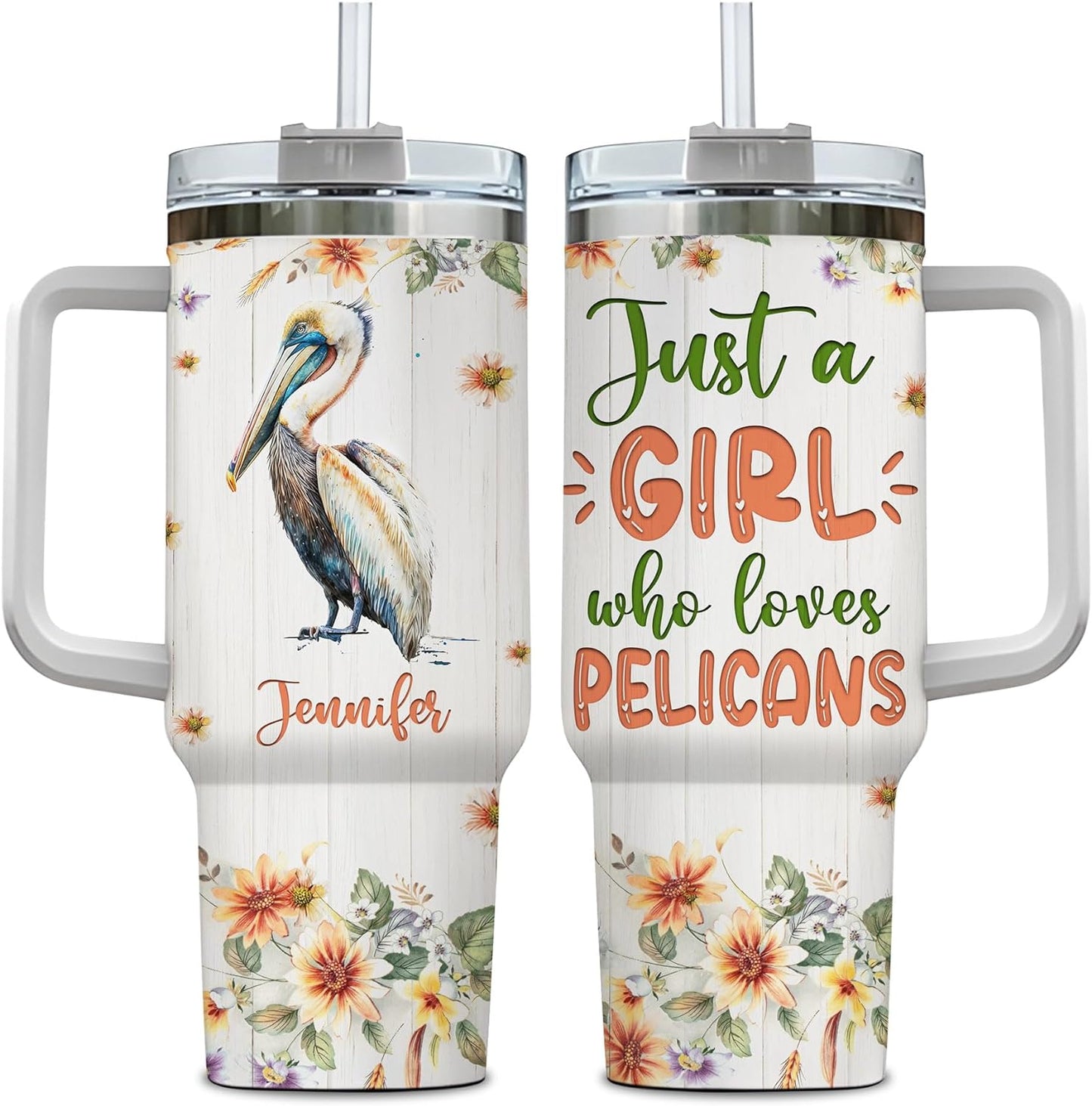 Pelican Tumbler 40oz with Handle & Straw – Personalized Stainless Steel Insulated Travel Cup with Lid – Creative Gift for Ocean Bird Lovers