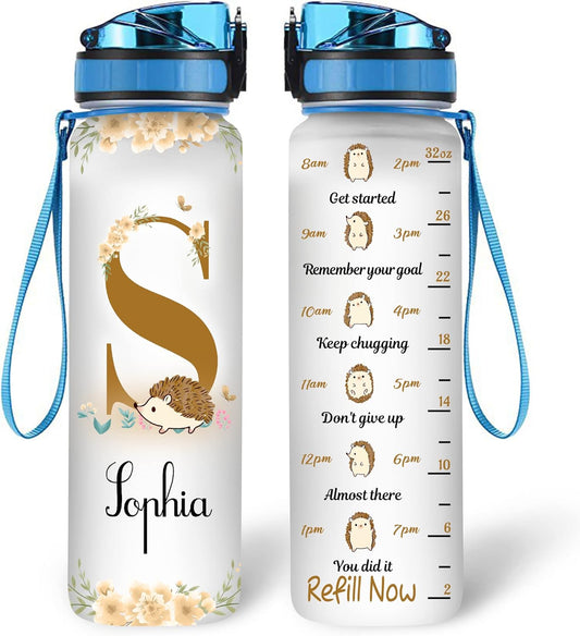 Cute Hedgehog Water Bottle Tracker 32oz – Personalized Motivational Bottle with Time Marker – Unique Gift for Animal Lovers