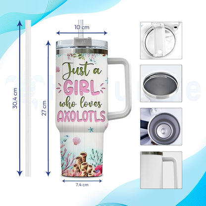 Axolotl Lover Tumbler 40oz – Personalized Stainless Steel Insulated Cup with Handle & Straw, Cute Watercolor Marine Design – Fun Gift for Women & Girls