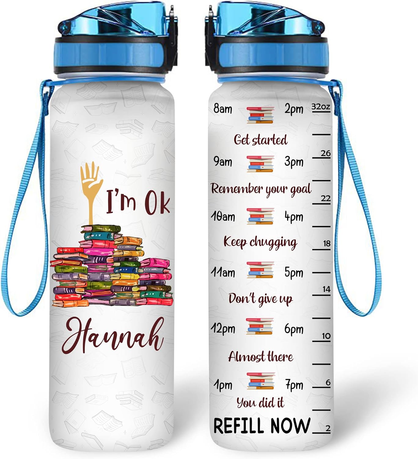 Funny Book Lover Theme Water Bottle Tracker 32oz – Personalized Motivational Bottle with Time Marker – Unique Gift for Readers