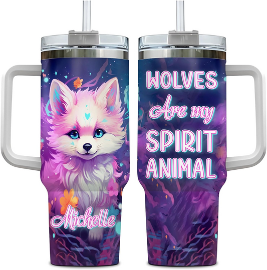Galaxy Wolf Tumbler 40oz with Handle & Straw – Personalized Stainless Steel Cup with Lid – Stylish Animal Gift for Women & Teens