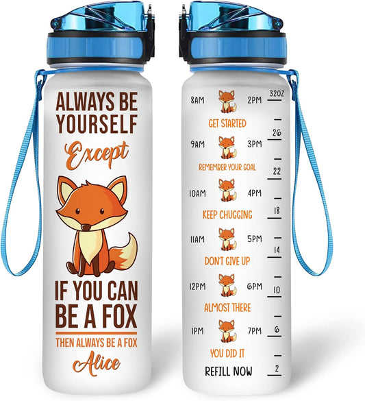 Fox Lover Water Bottle Tracker 32oz – Personalized Motivational Tritan Bottle with Time Marker – Fun Gift for Women & Girls