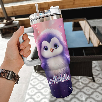 Penguin Lover Tumbler 40oz with Handle & Straw – Personalized Stainless Steel Insulated Travel Cup with Lid – Cute Birthday & Christmas Gift for Animal Lovers