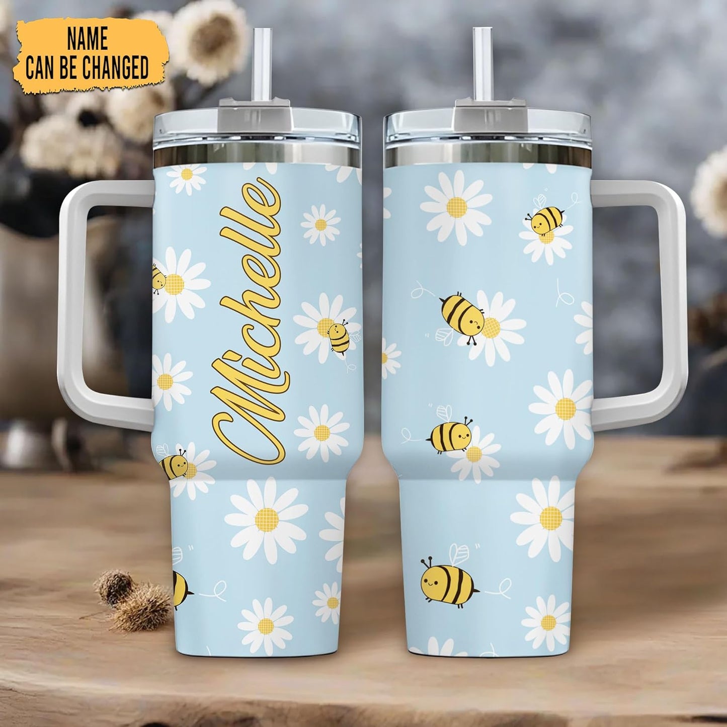 Bee & Daisy Tumbler 40oz with Handle & Straw – Personalized Stainless Steel Insulated Travel Cup with Lid – Cute Floral Gift for Nature Lovers