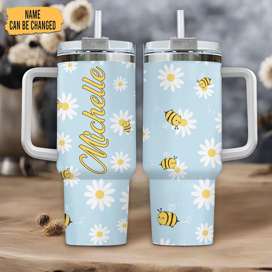 Bee & Daisy Tumbler 40oz with Handle & Straw – Personalized Stainless Steel Insulated Travel Cup with Lid – Cute Floral Gift for Nature Lovers