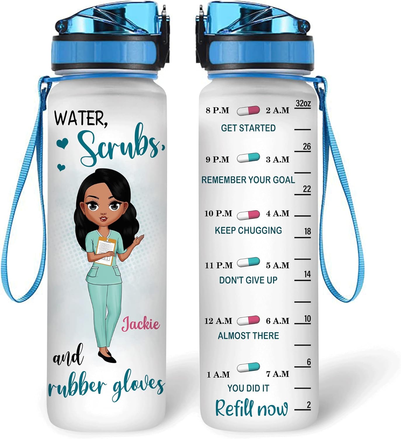 Nurse Scrubs & Gloves Water Bottle Tracker 32oz – Personalized Hydration Bottle with Time Marker – Graduation Gift for Nurses