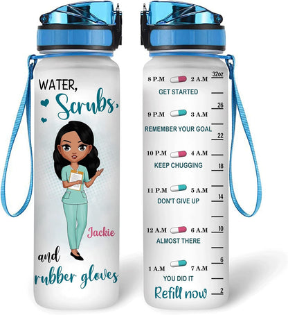 Nurse Scrubs & Gloves Water Bottle Tracker 32oz – Personalized Hydration Bottle with Time Marker – Graduation Gift for Nurses