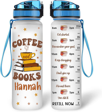 Coffee & Books Water Bottle Tracker 32oz – Personalized Hydration Bottle with Time Marker – Unique Gift for Book Lovers