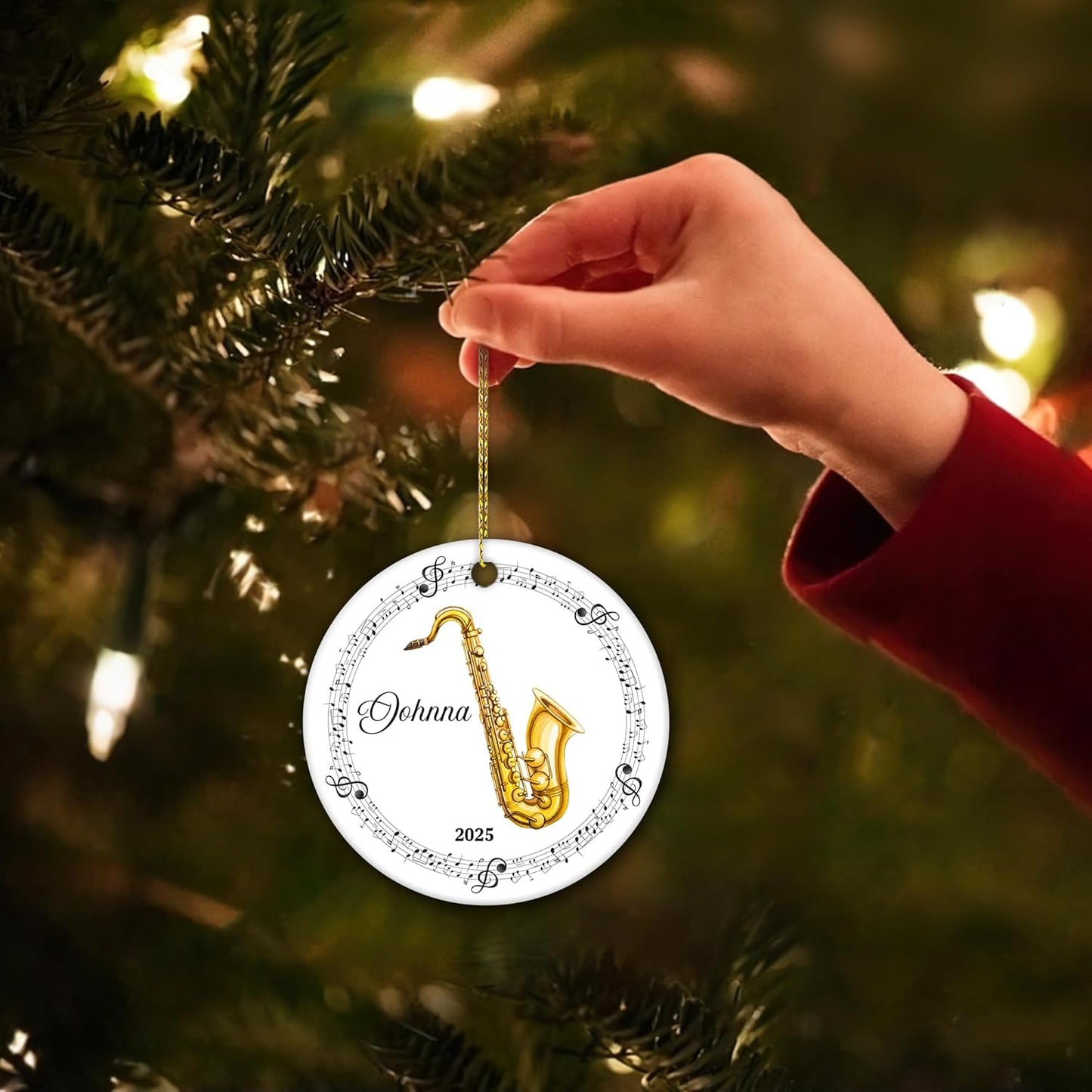 Saxophone with Music Notes Ceramic Ornament – Personalized Name, Custom Christmas Gift for Saxophonist, Band Member or Jazz Lover