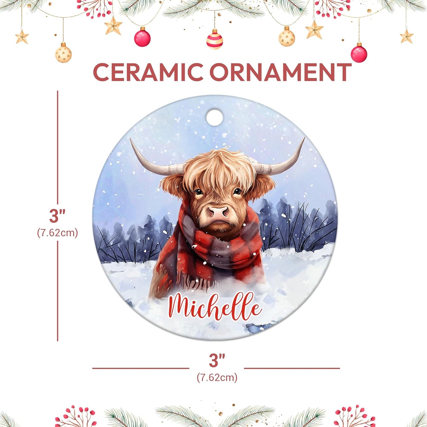 Highland Cow Scarf Ceramic Circle Ornament – Personalized Christmas Gift for Ranch Family or Highland Cow Lover, Cozy Winter Tree Decor