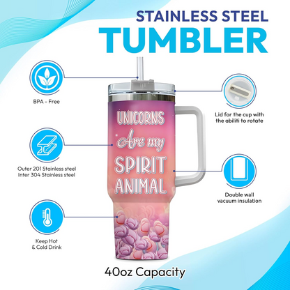 Sparkling Unicorn Tumbler 40oz with Handle & Straw – Personalized Stainless Steel Cup with Lid – Cute Fantasy Gift for Girls & Women
