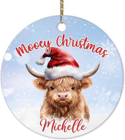 Highland Cow Santa Hat Ceramic Circle Ornament – Personalized Christmas Gift for Cow Lover, Farmhouse Tree Decor Keepsake for Her