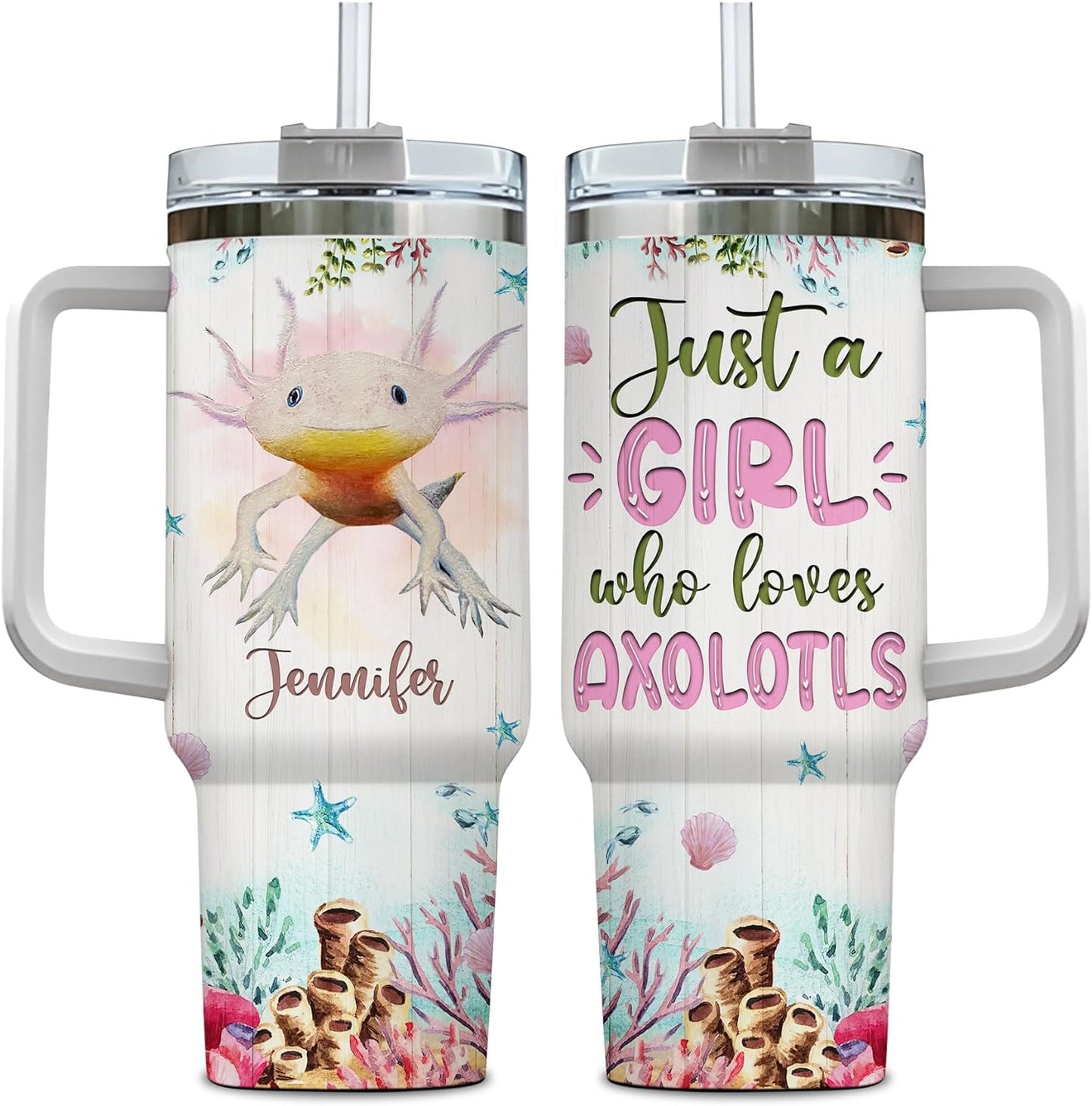 Axolotl Lover Tumbler 40oz – Personalized Stainless Steel Insulated Cup with Handle & Straw, Cute Watercolor Marine Design – Fun Gift for Women & Girls