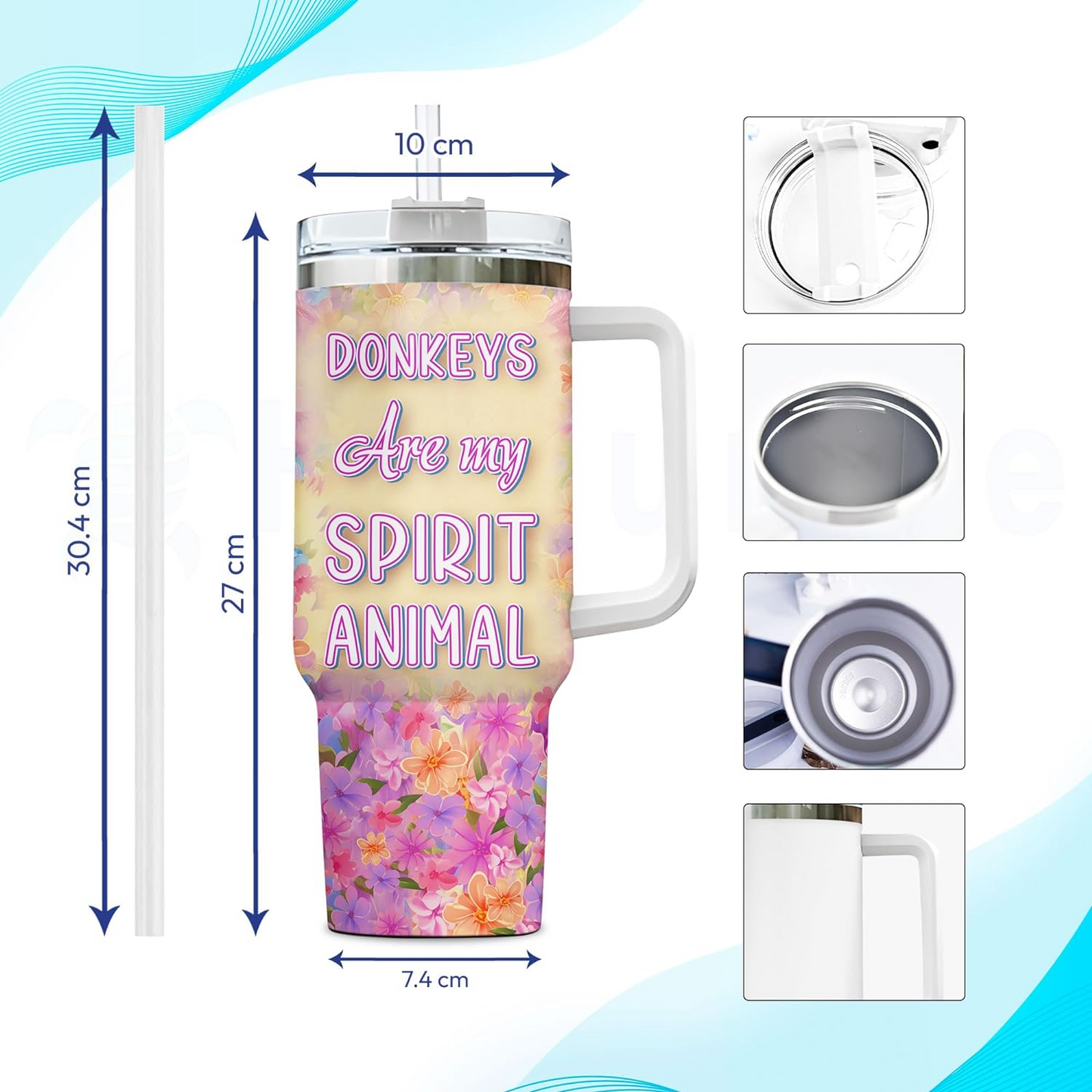 Donkey Tumbler 40oz with Handle & Straw – Personalized Stainless Steel Cup with Lid – Cute Farm Animal Gift for Women & Kids