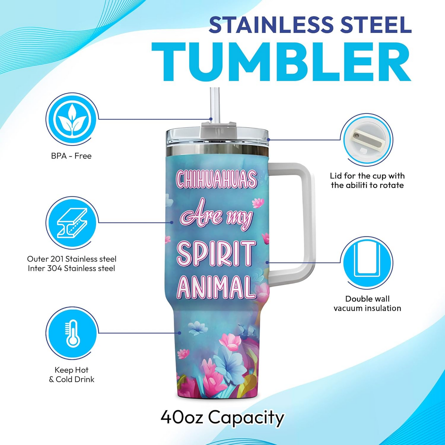 Cute Chihuahua Lover Tumbler 40oz with Handle & Straw – Personalized Stainless Steel Travel Cup with Lid – Stylish Gift for Dog Lovers