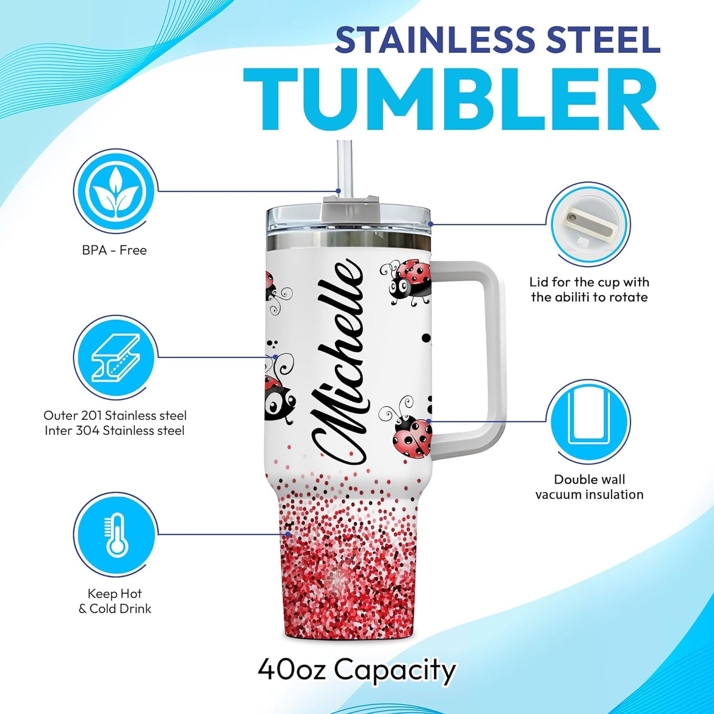 Cute Ladybug Glitter Tumbler 40oz with Handle & Straw – Personalized Stainless Steel Travel Cup with Lid – Adorable Gift for Ladybug Lovers