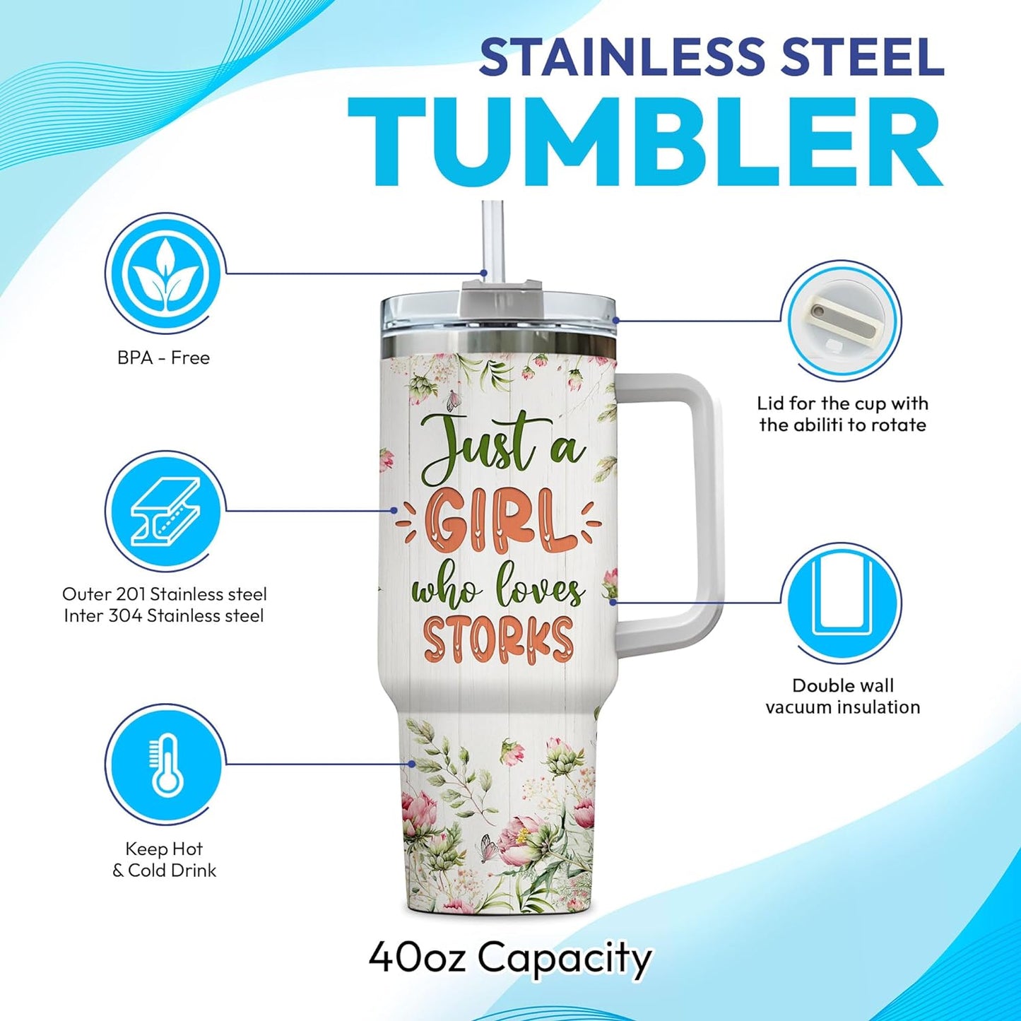 Stork Tumbler 40oz with Handle & Straw – Personalized Stainless Steel Insulated Travel Cup with Lid – Thoughtful Gift for Bird Lovers