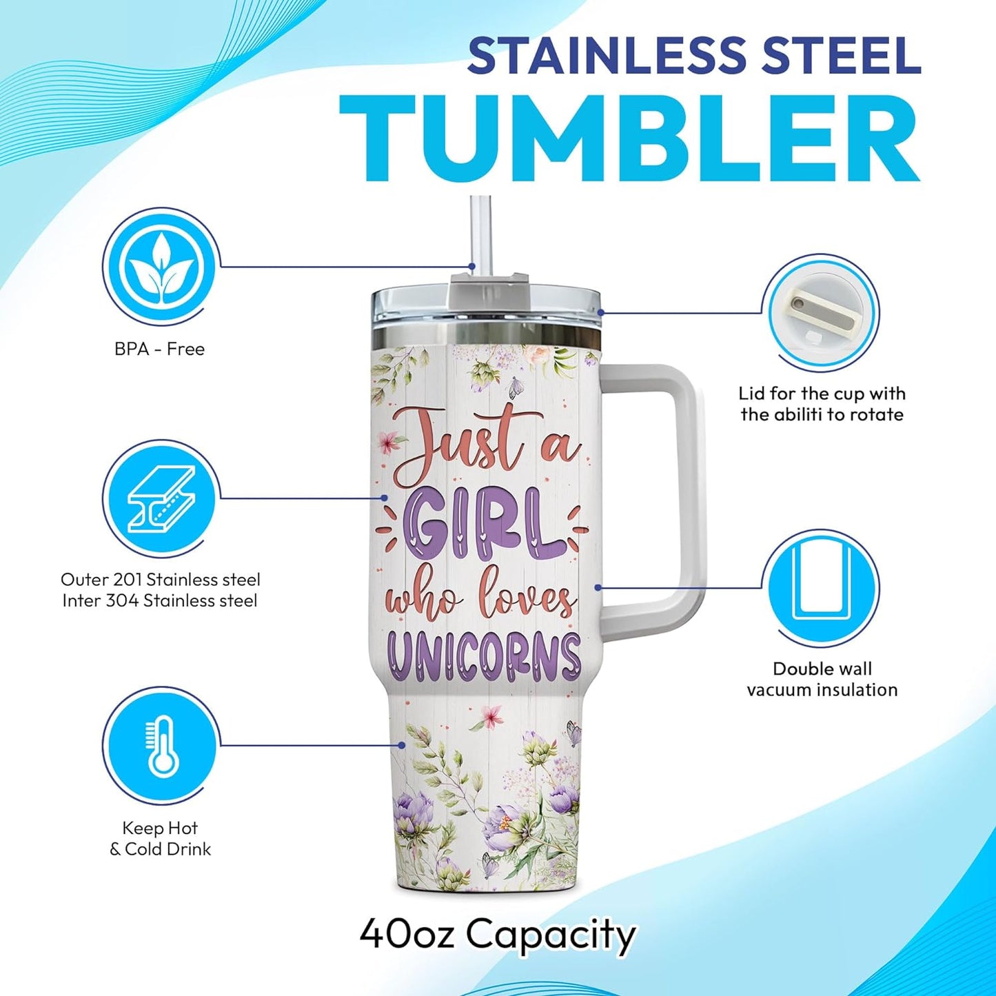 Magical Unicorn Tumbler 40oz with Handle & Straw – Personalized Stainless Steel Insulated Cup with Lid – Whimsical Gift for Fantasy Lovers