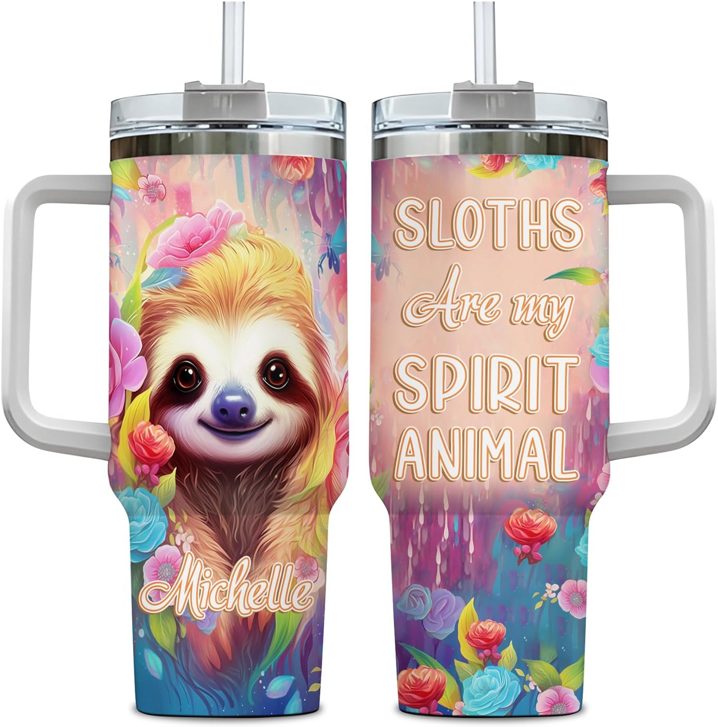 Sloth Lover Tumbler 40oz with Handle & Straw – Personalized Stainless Steel Insulated Cup with Lid – Cute Birthday Gift for Animal Lovers