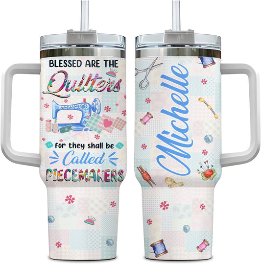 Quilting Patchwork Tumbler 40oz with Handle & Straw – Personalized Stainless Steel Insulated Travel Cup with Lid – Unique Gift for Quilters