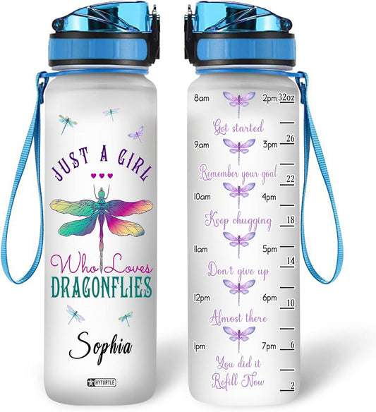 Just A Girl Who Loves Dragonfly - Personalized Water Tracker Bottle 32oz