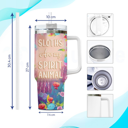 Sloth Lover Tumbler 40oz with Handle & Straw – Personalized Stainless Steel Insulated Cup with Lid – Cute Birthday Gift for Animal Lovers