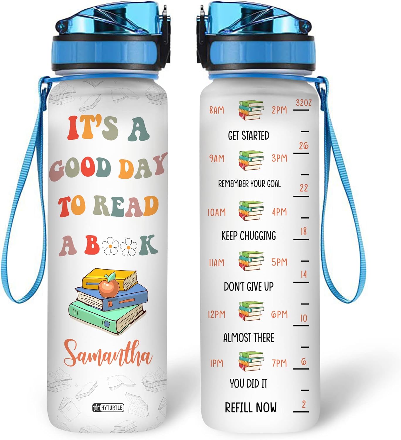 Good Day to Read Theme Water Bottle Tracker 32oz – Personalized Motivational Bottle with Time Marker – Inspiring Gift for Book Lovers