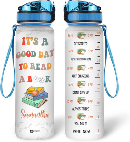 Good Day to Read Theme Water Bottle Tracker 32oz – Personalized Motivational Bottle with Time Marker – Inspiring Gift for Book Lovers