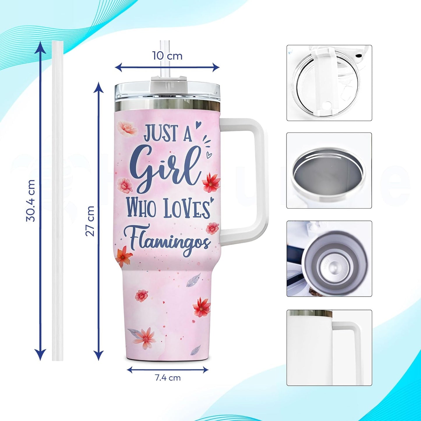 Pink Flamingo Tumbler 40oz – Personalized Stainless Steel Insulated Cup with Handle & Straw – Stylish Gift for Flamingo Lovers