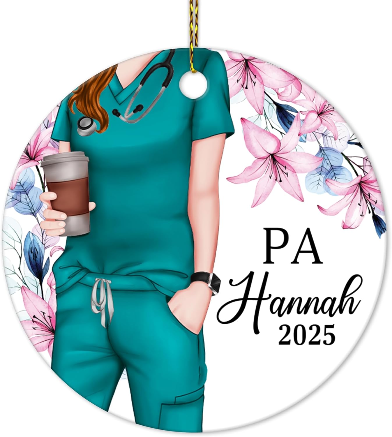 Physician Assistant Scrubs with Florals Ceramic Circle Ornament – Personalized Christmas Gift for PA Student, Grad or Healthcare Hero
