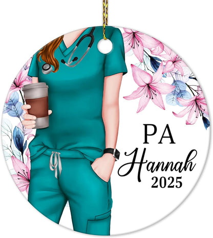 Physician Assistant Scrubs with Florals Ceramic Circle Ornament – Personalized Christmas Gift for PA Student, Grad or Healthcare Hero