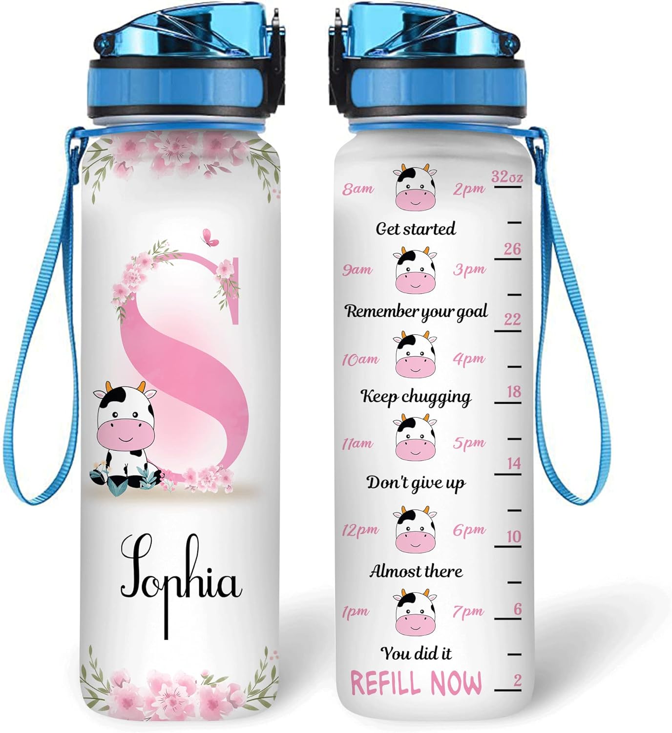 Cute Cow Theme Water Bottle Tracker 32oz – Personalized Motivational Bottle with Time Marker – Fun Gift for Cow Lovers