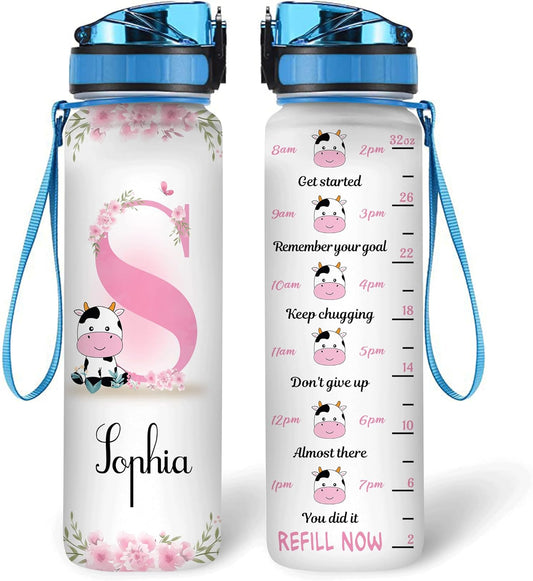 Cute Cow Theme Water Bottle Tracker 32oz – Personalized Motivational Bottle with Time Marker – Fun Gift for Cow Lovers
